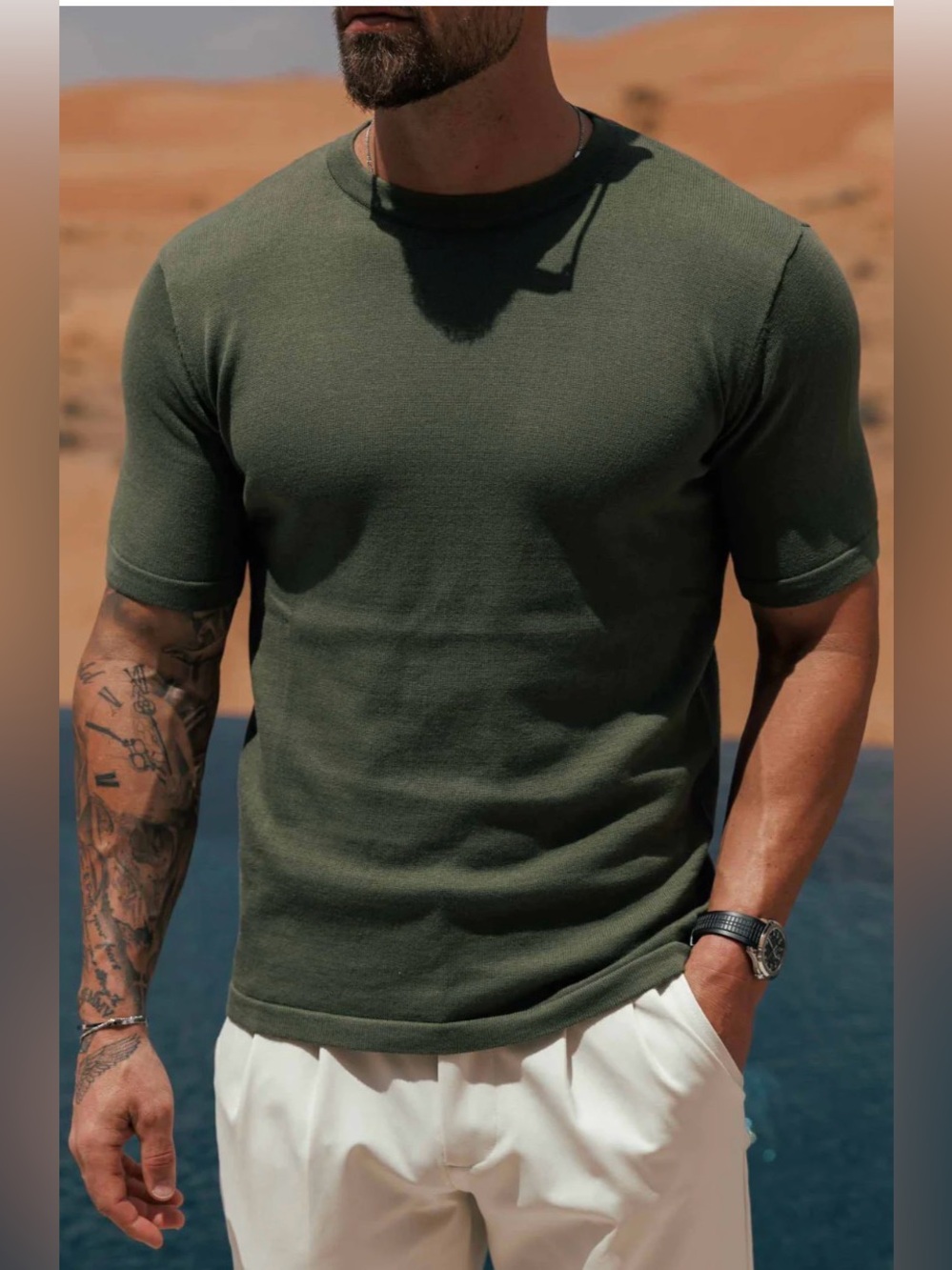 Legend London Men's Short Sleeve Knit Tee in Olive Green XL